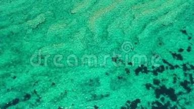 平静清澈的海水背景。 平静的海水背景.. 一片晶莹剔透的蓝绿色水的空中镜头。 顶级